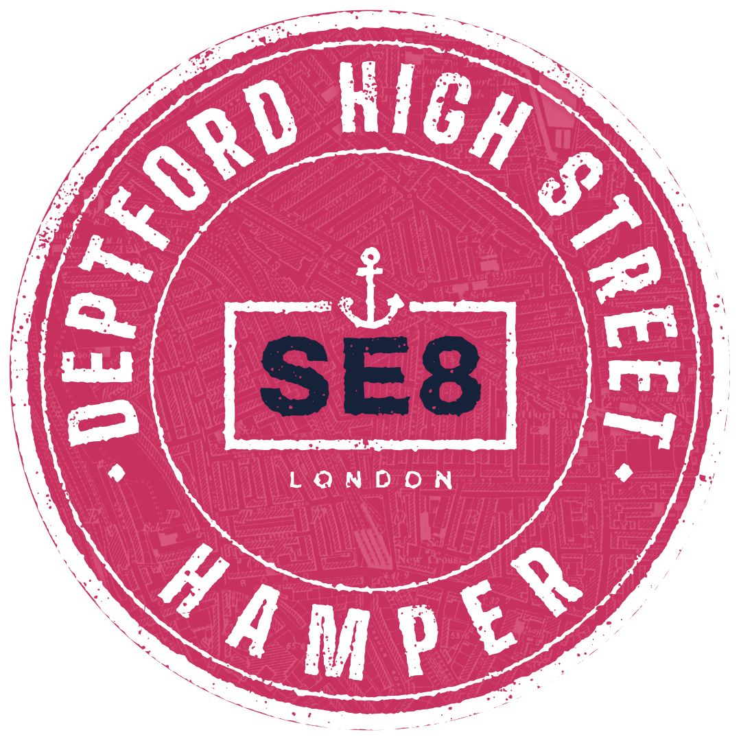 Deptford High Street Hamper stamp: SE8, London, with an anchor, over an old map of the street